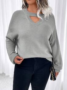 SHEIN LUNE Plus Size Casual Solid Color Hollow Out Batwing Sleeve Sweater, Spring Autumn - Grey - View 4
