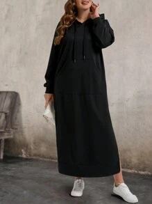 EMERY ROSE Casual Dress Plus Size Hooded Pocket Casual Slit Hem Dress