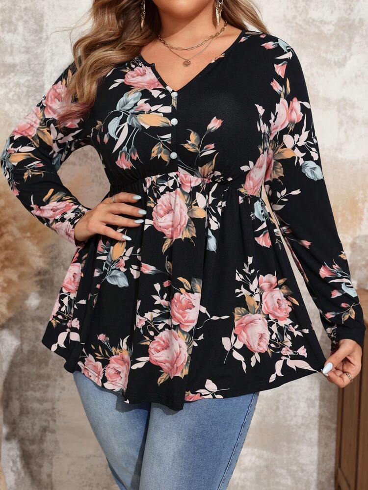 Plus Size Women Black  Floral Print V-Neck Long Sleeve Casual Fall Clothes T-Shirt,Flower/Spring/Summer/Vacation