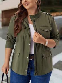 EMERY ROSE Plus Size Women's Zip-Up Front Pocket Military Green Cargo Jacket,Fall Clothes