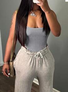 INAWLY Women's Solid Color Sleeveless Bodysuit, Sports Style, Summer