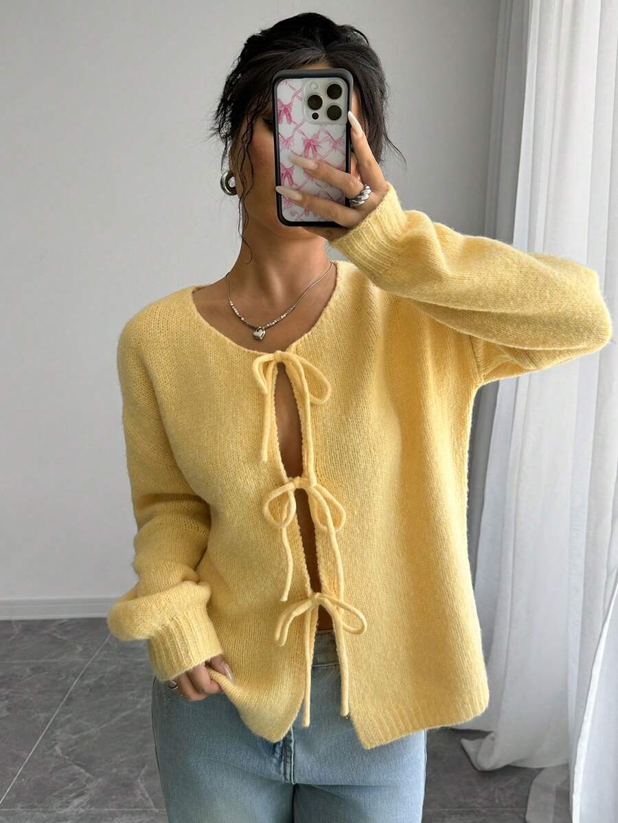 EMERY ROSE Women's Round Neck Soft & Sweet Casual Front Tie Design Long Sleeve Cardigan,Long Sleeve Tops Fall Winter Cloth For Women - Yellow - View 1