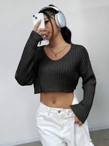 SHEIN Unity Simple V-Neck Long Sleeve Cropped Solid Color Black Sweater, Casual Daily Wear, Knit Pullover Fall Winter - Black - View 4