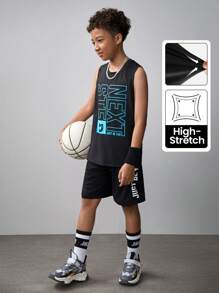 SHEIN Tween Boy Knitted Printed Vest With Slanted Pockets And Drawstring Shorts Sports Two-Piece Set - Black - View 1