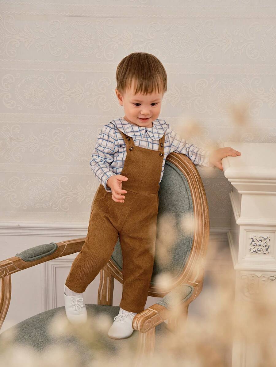 SHEIN 2pcs Baby Boys European Style Long Sleeve Ruffle Collar Top + Corduroy Overalls Set, Spring/Autumn - Brown - View 1