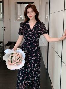 DAZY 女式碎花V领短袖优雅连衣裙太阳裙