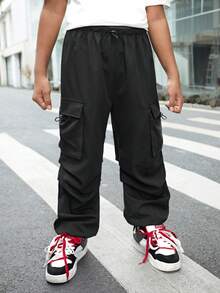 Tween Boys' Casual Urban Chic Cargo Pants, Suitable For Commuting, School, Daily Wear, Sports, Fits Autumn/Winter Season - Black - View 8
