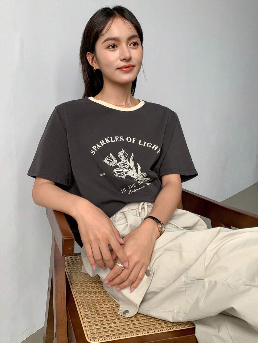 FRIFUL Floral Print Casual Round Neck Short Sleeve Top for Sale