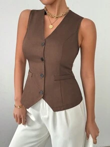 RosyDaze Women's Summer Solid Color Single-Breasted Casual Short Vest - Brown - View 5