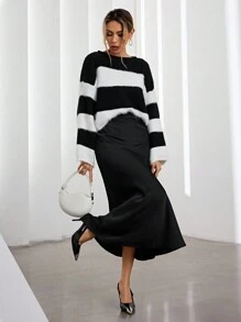 Aveloria Suéter holgado de moda casual con rayas aleatorias y contraste de color