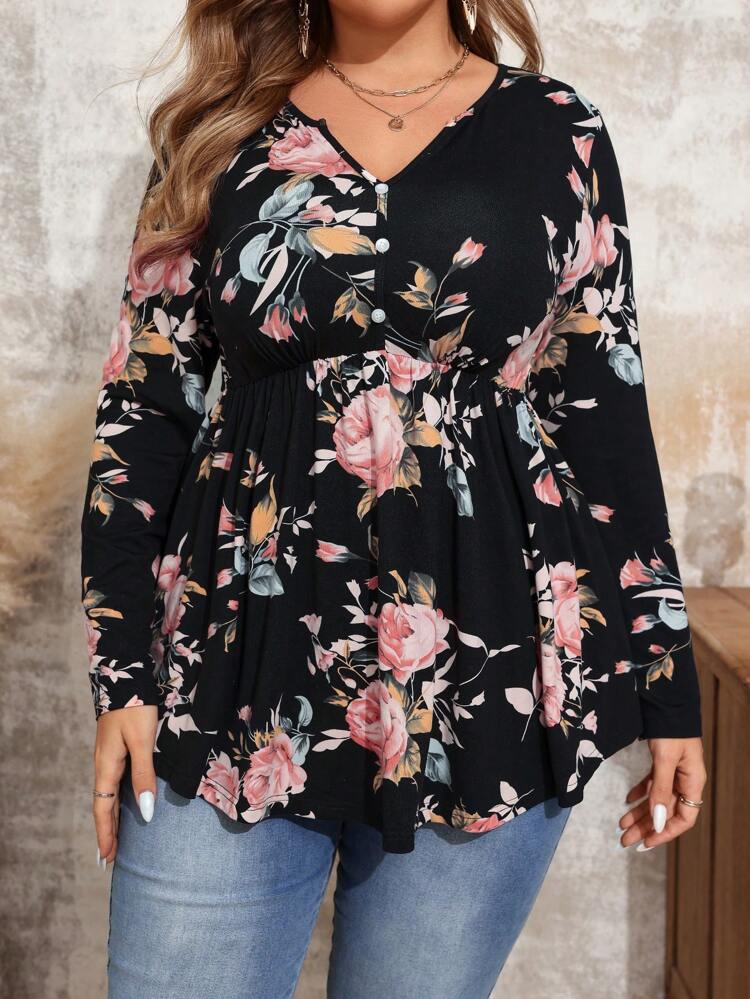 Plus Size Women Black  Floral Print V-Neck Long Sleeve Casual Fall Clothes T-Shirt,Flower/Spring/Summer/Vacation