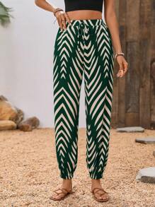 Breezaya Women's Drawstring All-Over Print Fashionable Casual Harem Pants - Dark Green - View 1