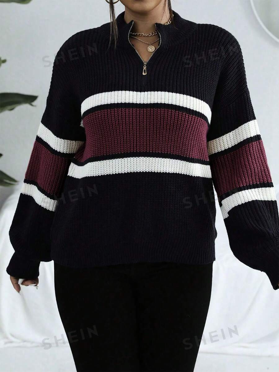 Vionelle Plus Size Color Block Striped Lantern Sleeve Sweater, Autumn/Winter Knit Pullover Fall - Black - View 1