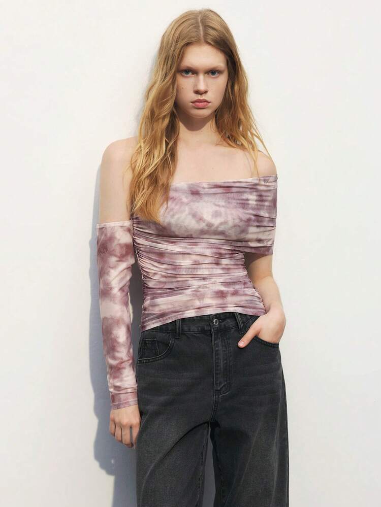 SHEIN Maija 1 pieza Blusa de ajuste ceñido con cuello asimétrico y efecto tie-dye de moda para mujer, otoño