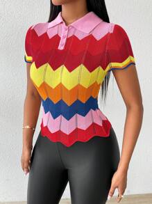 SHEIN Lady 彩虹条纹短袖女式毛衣 2024 秋季服装女式上衣 - 彩色 - 查看 4