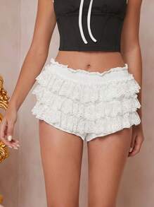 SHEIN Unity Lace Ruffle Trim Tiered Mini Skort - White - View 5