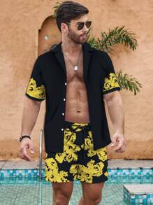 Manfinity Men's Floral Print Short Sleeve Kimono And Drawstring Waist Shorts Beach Suit