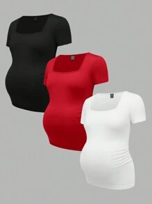 SHEIN 3 piezas/set de tops de verano ajustados de manga corta con cuello cuadrado en negro, blanco y gris para maternidad - Rojo - Ver 18