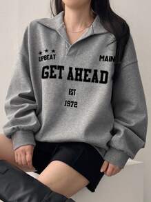 DAZY 女士长袖字母印花休闲宽松运动衫、长袖上衣、秋季女装 - 灰色 - 查看 8