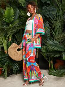 Travachic Floral Print Kimono & Wide Leg Pants, Vacation Outfit - Multicolor - View 4