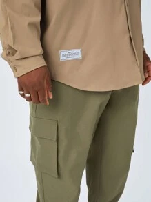 Manfinity VCAY Áo sơ mi dài tay trễ vai dệt chắp vá cỡ lớn dành cho nam, thích hợp cho mùa thu đông - Màu Khaki - Xem 3