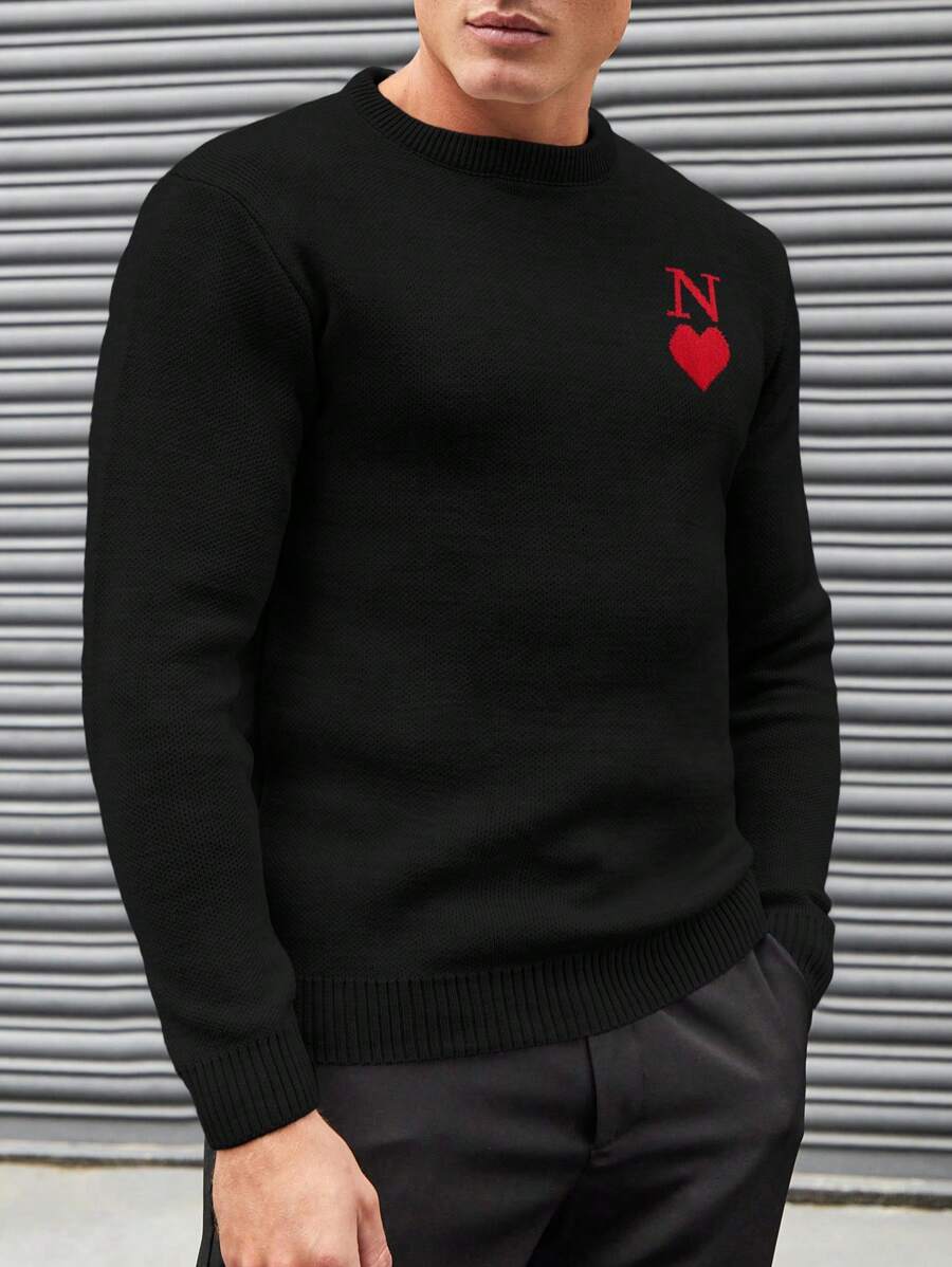 RueChic Men Letter And Heart Printed Regular Sweater - Black - View 1