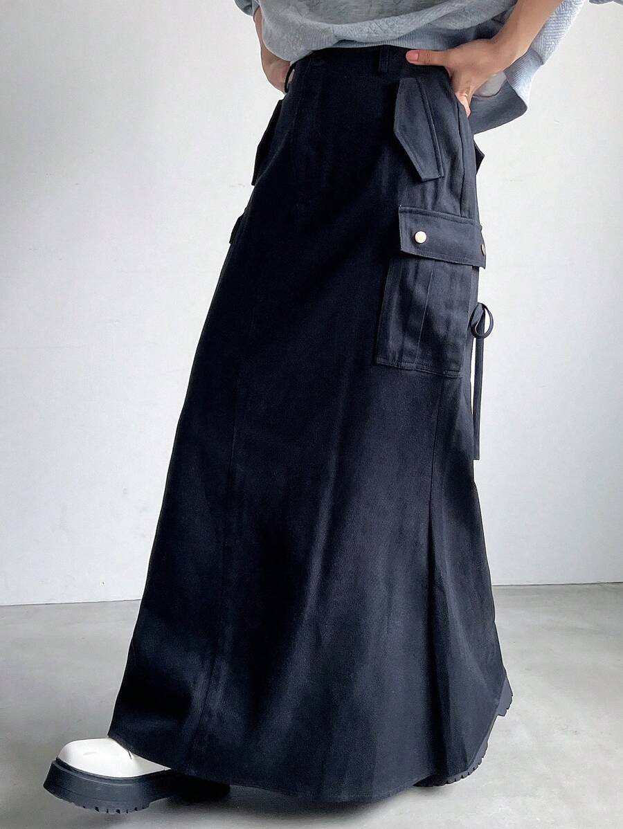 FRIFUL Women's Solid Color Pocket Casual A-Line Skirt - Green - View 1