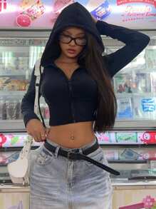 SHEIN EZwear 女式休闲简约修身拉链连帽运动衫，适合秋冬季，长袖上衣 - 黑色 - 查看 6