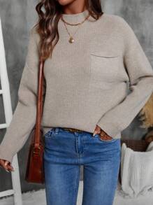 SHEIN LUNE Suéter minimalista de cuello redondo de manga larga con bolsillo, de color liso, para uso casual diario