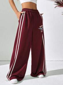 SHEIN Unity 条纹拼布字母印花休闲口袋裤 - 酒紅色 - 查看 3