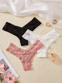 3pcs/Pack Solid Color Lace Trim Panties Lingerie - Multicolor - View 3