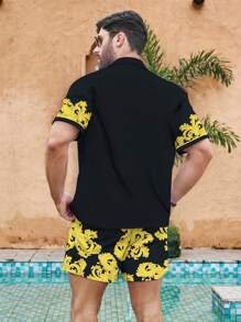 Manfinity Men's Floral Print Short Sleeve Kimono And Drawstring Waist Shorts Beach Suit