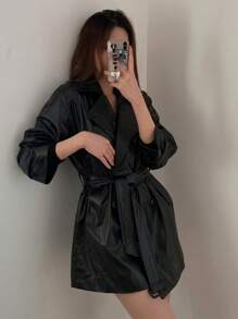 DAZY Women's Lapel Collar Long Sleeve PU Leather Loose Fashion Jacket, Autumn,Fall Women Clothes Women Coats - Black - View 1