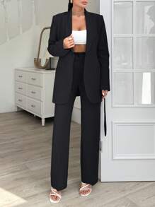 EURMUSE Grey Long Jacket And Straight Pant Two Pieces - Black - View 5