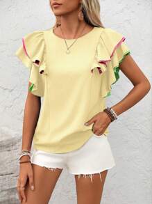 SHEIN LUNE Blusa casual de mujer con mangas con volantes de varios colores - Albaricoque - Ver 3
