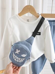 3 件套男婴/女婴可爱表情印花可调节斜挎背包，长袖运动衫和裤子套装，休闲日常穿着，适合春秋冬季，加厚羊毛 - 藍白色 - 查看 5