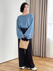 FRIFUL Áo sơ mi dài tay trễ vai dáng rộng vừa vặn dành cho nữ, mùa xuân và mùa hè - Màu xanh lam - Xem 7