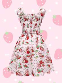 Strawberry Shortcake X SHEIN Summer Cute Strawberry Printed Contrast Lace Dress - White - View 2