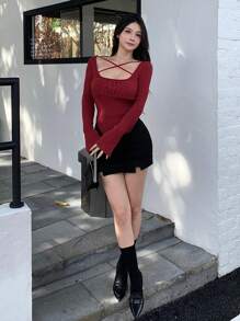 DAZY Suéter de cuello anudado para mujer, ropa de otoño para volver a la escuela y fiestas