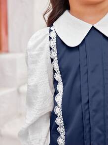 SHEIN Young Girl Contrast Color Peter Pan Collar Contrast Lace 2-In-1 Dress, Suitable For Daily Wear, Family Gathering, Birthday Party, Special Occasions, Suitable For Autumn And Winter