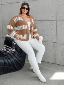 RueChic Cardigan de talla grande con bloques de color y botones para el otoño