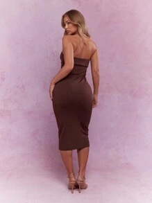 MISSGUIDED Strapless Bandeau Bodycon Midi Dress Sleeveless Form Fitting Party Evening Club Wear Stretch Elegant Fashion Dress Night Out - Brown - View 2