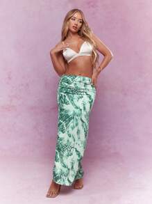 MISSGUIDED St. Patrick's Day Tropical Palm Print Maxi Skirt Flowy Long Irish-Themed Beach Party Casual Summer Holiday Floor Length Caribbean Resort Wear Christmas - Green - View 4