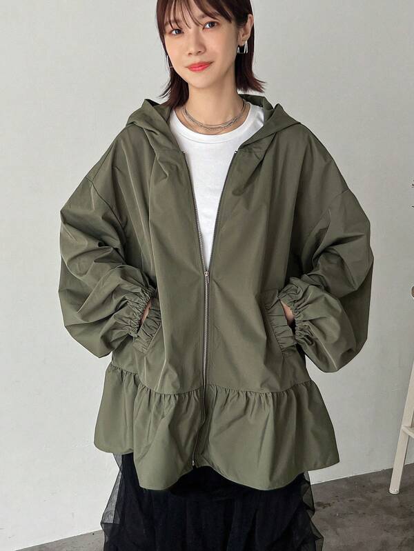 FRIFUL Women's Solid Zip Front Drop Shoulder Ruffle Hem Hooded Light Jacket, Spring Autumn,Fall Women Clothes