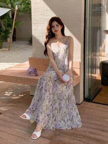 DAZY Vestido casual suelto de tiras de espagueti con volantes en el bajo y estampado floral para mujer