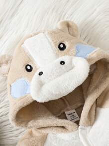 1 件装男婴卡其色纯色毛绒连帽连体衣，舒适温暖的冬季服装 - 卡其色 - 查看 3