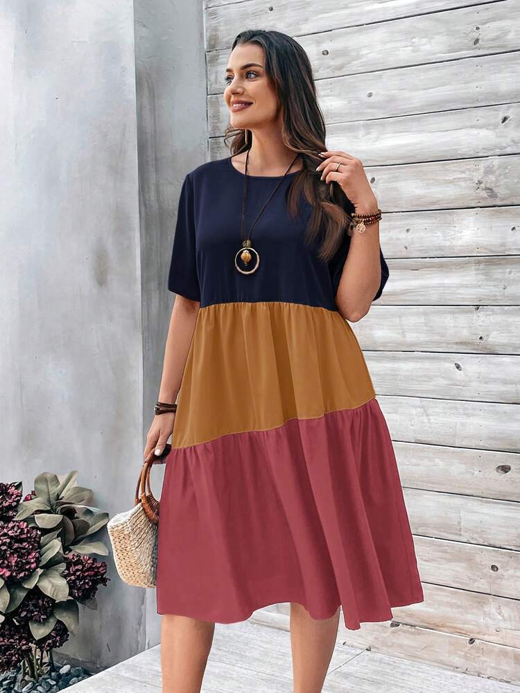 Plus Size Women's Contrast Color Doll Dress For Spring