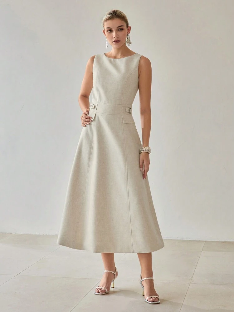 SOLID BUCKLE WAIST FLARE HEM MIDI DRESS