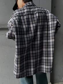 DAZY 女式宽松格子印花落肩长袖休闲衬衫，春秋装，返校服，法兰绒女装 - 藍色 - 查看 5