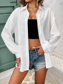 SHEIN Frenchy 女士秋冬休闲前开超大纹理面料通勤衬衫、长袖上衣 - 白色 - 查看 3